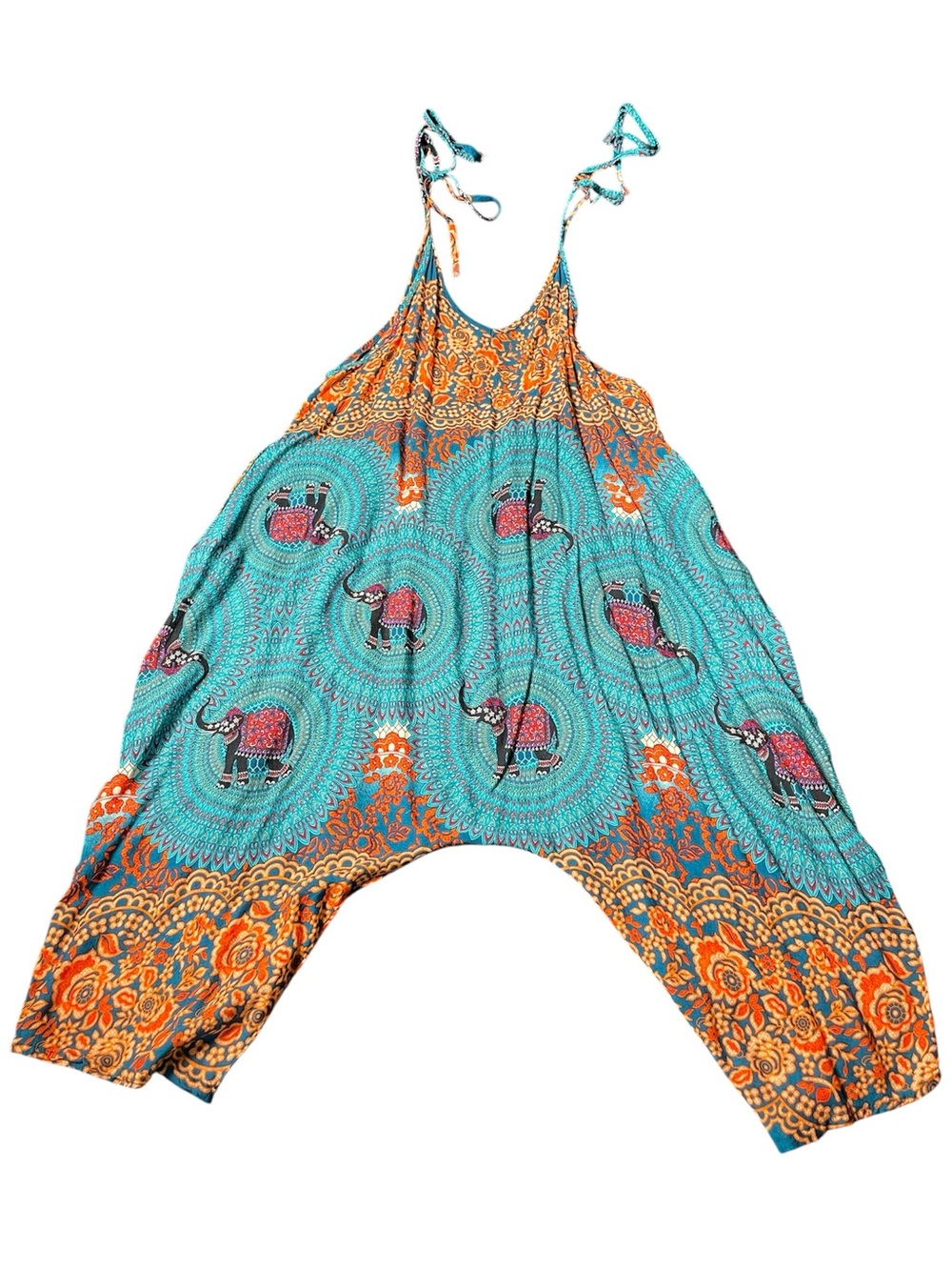 Boho Elephant Print Harem Jumpsuit - Turquoise & Orange